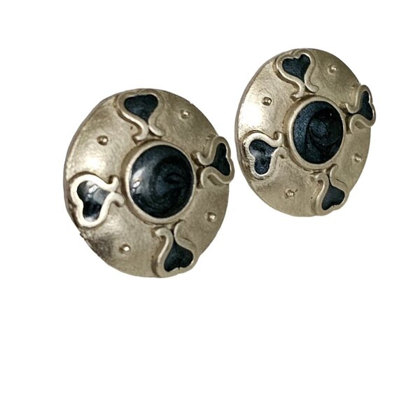 KK/ED Silver Tone Blue Enamel Hearts Modernist Round Clip Earrings, Signed L241 - Picture 3 of 11